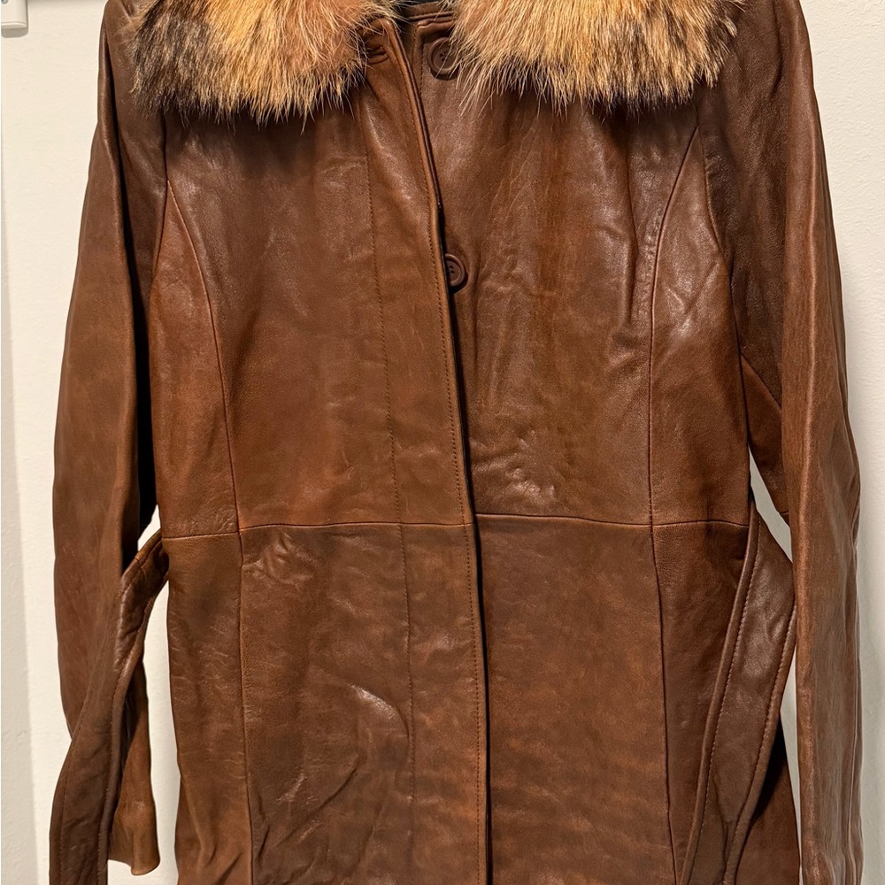 Men's Brown Leather Jacket with Faux Fur Collar